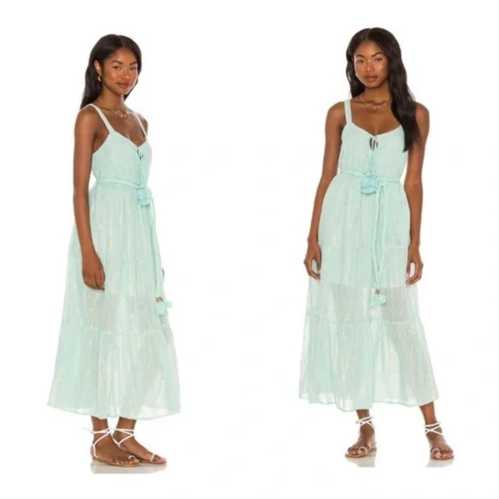 Karina Grimaldi Belle Maxi Dress in light teal with gold stitching